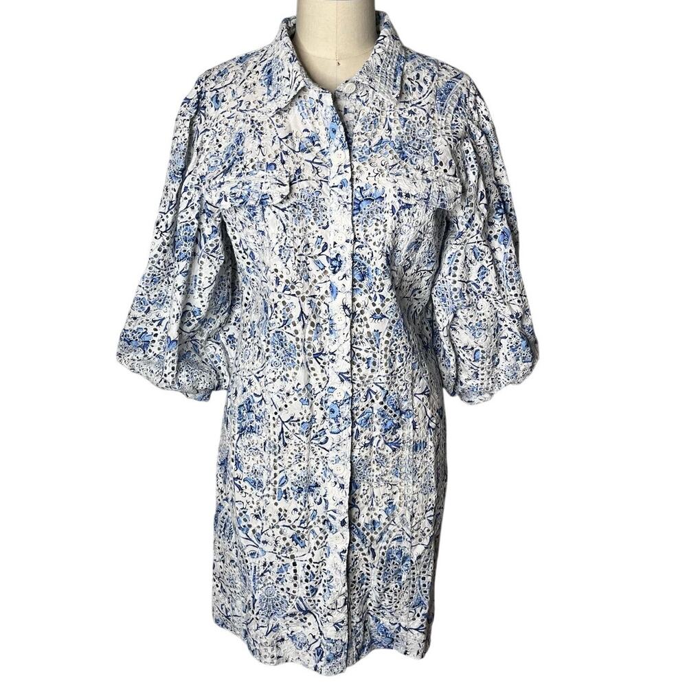 Love The Label Shira Blue Printed Eyelet Puff Sleeve Mini Shirt Dress Size M